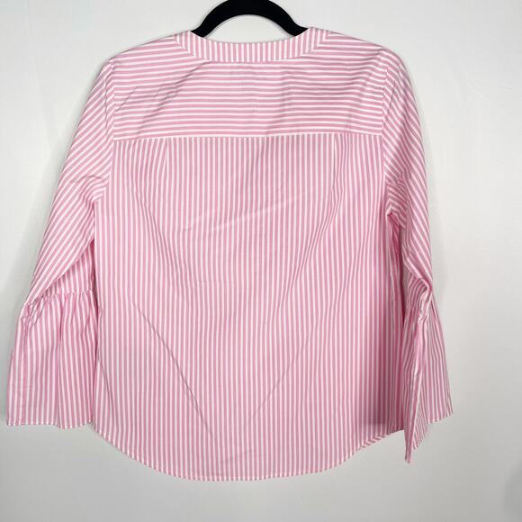 J Crew Womens Size 2 Pink White Bell 3/4 Sleeve Blouse Top Split V Neck Cotton - Picture 2 of 12